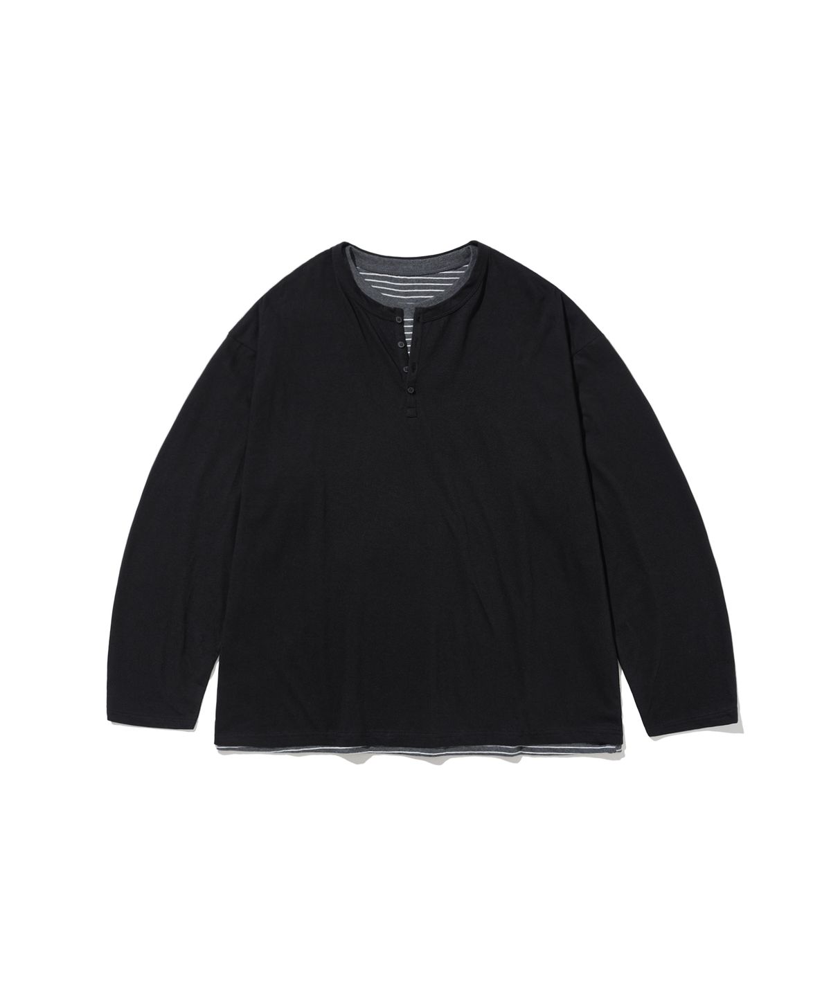 앵글런(ANGLAN) Striped Layered Henley Long Sleeve - Black
