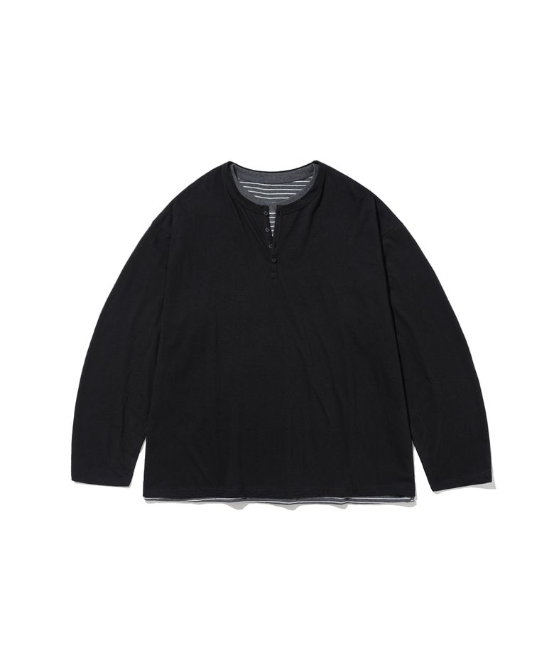 Striped Layered Henley Long Sleeve - Black