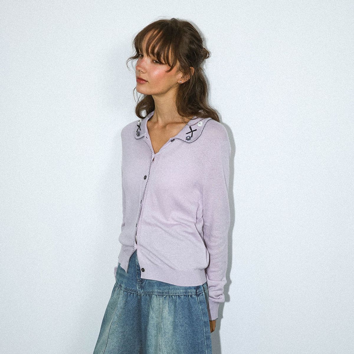 던드롭(DUNDROP) DD_Ribbon & floral collar cardigan