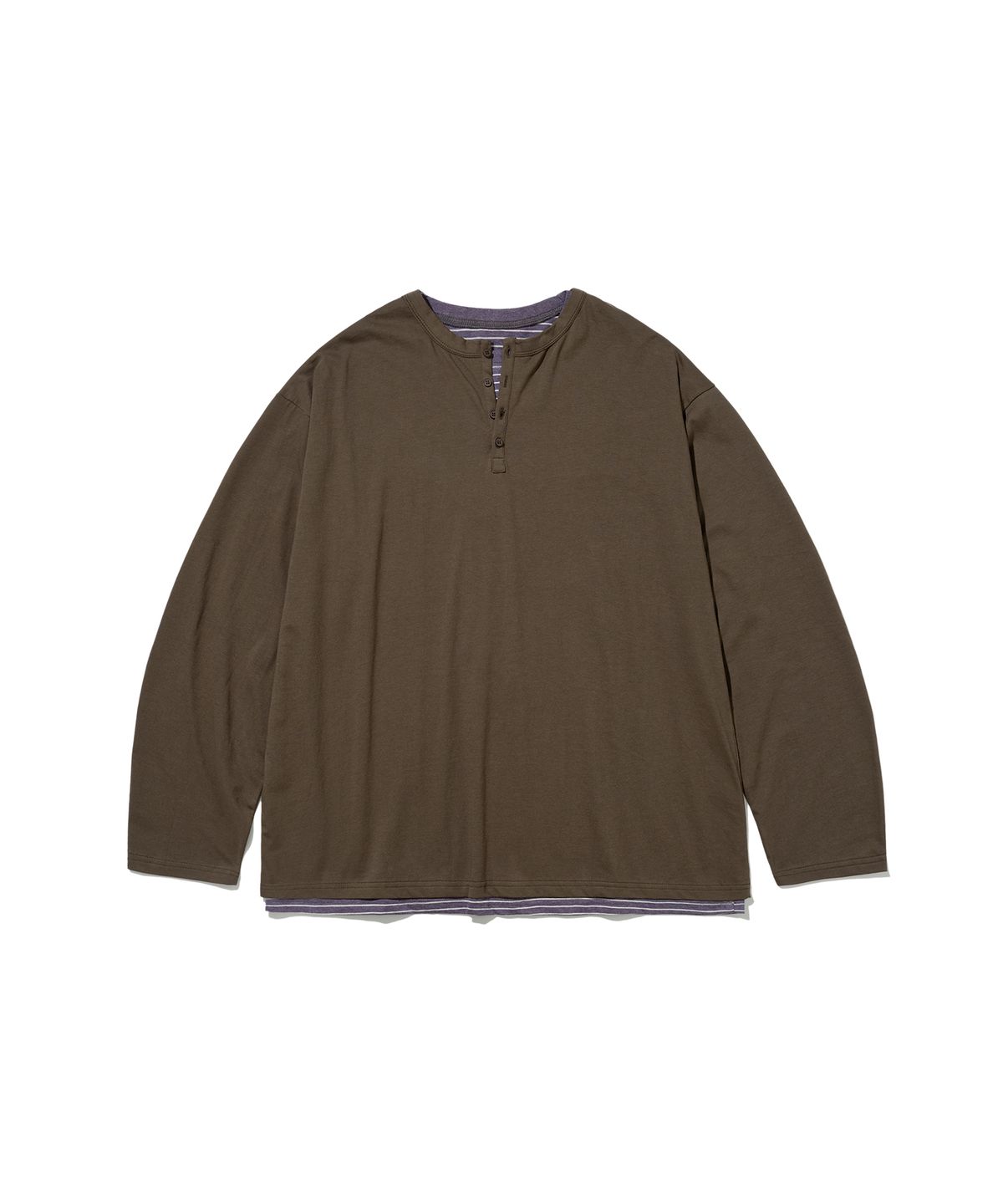 앵글런(ANGLAN) Striped Layered Henley Long Sleeve - Brown