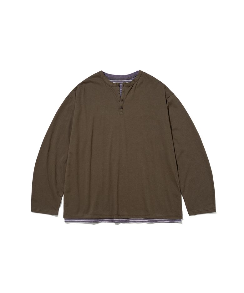 Striped Layered Henley Long Sleeve - Brown