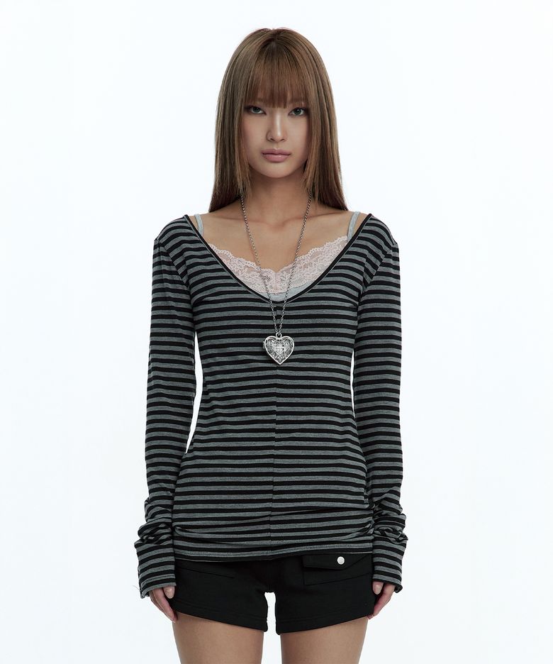 Deep U-neck Long Sleeve Stripe