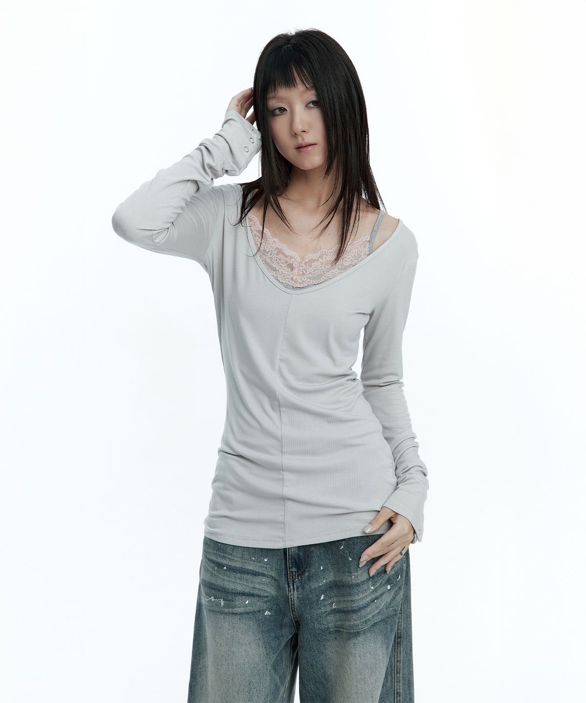 러프넥(ROUGHNECK) Deep U-neck Long Sleeve Ash