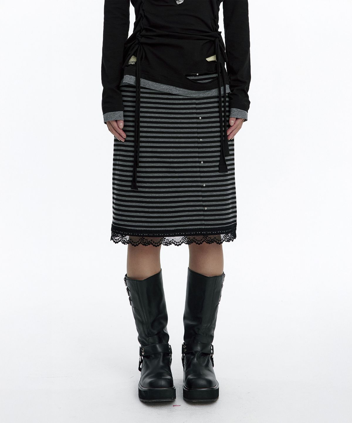 러프넥(ROUGHNECK) Stripe Lace Skirt