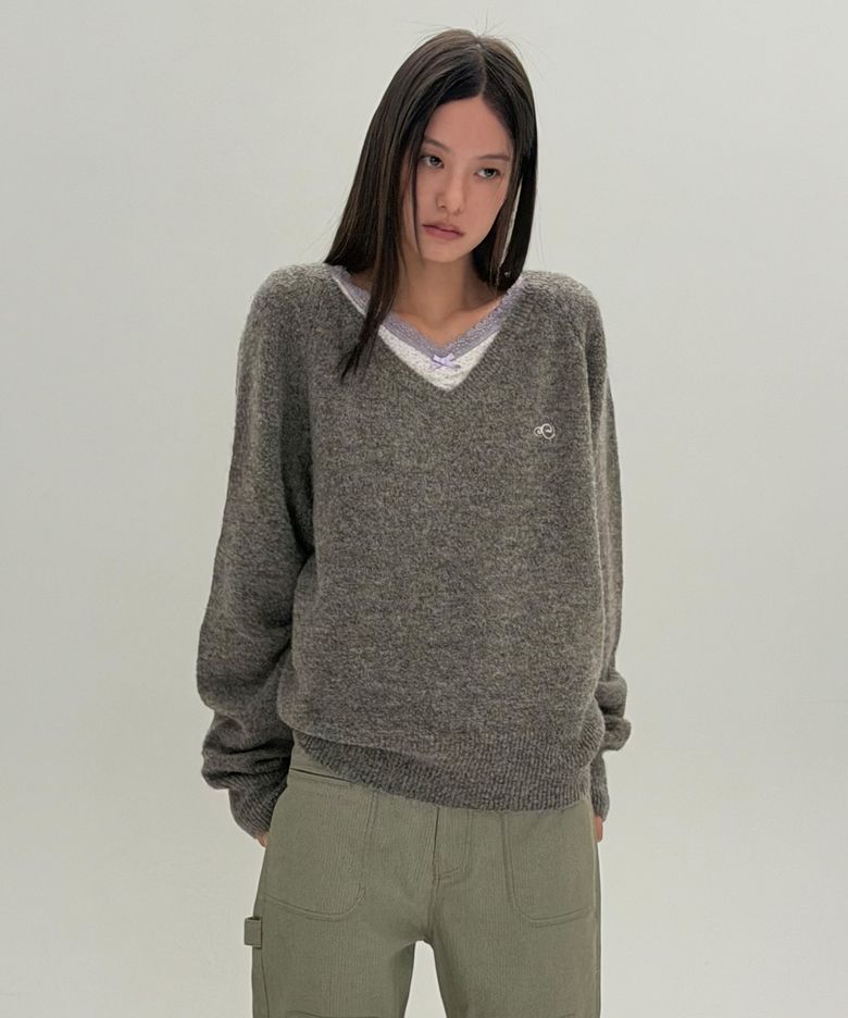 SYMBOL V NECK KNIT [MELANGE BROWN]