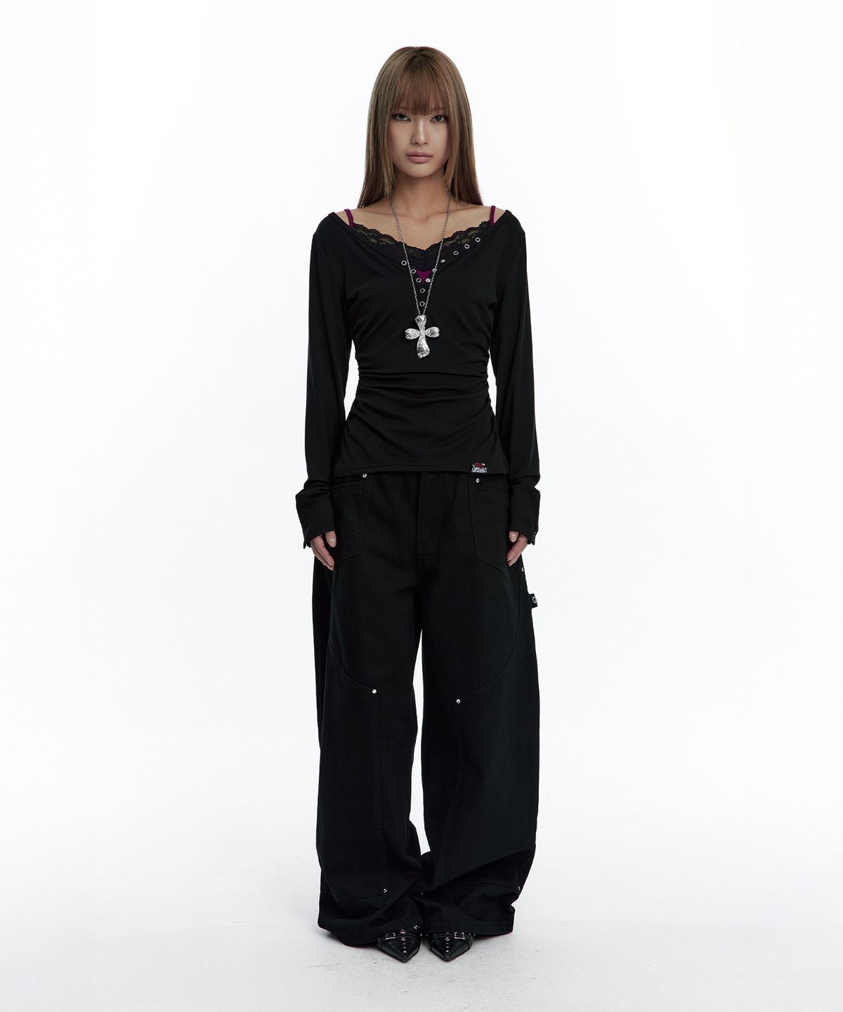 러프넥(ROUGHNECK) Shirring Henlyneck Long Sleeve Black