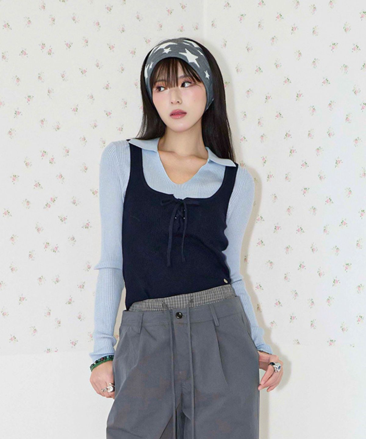 쿨키튼(KOOLKITTEN) Bustier Layered Knit Top (NAVY)