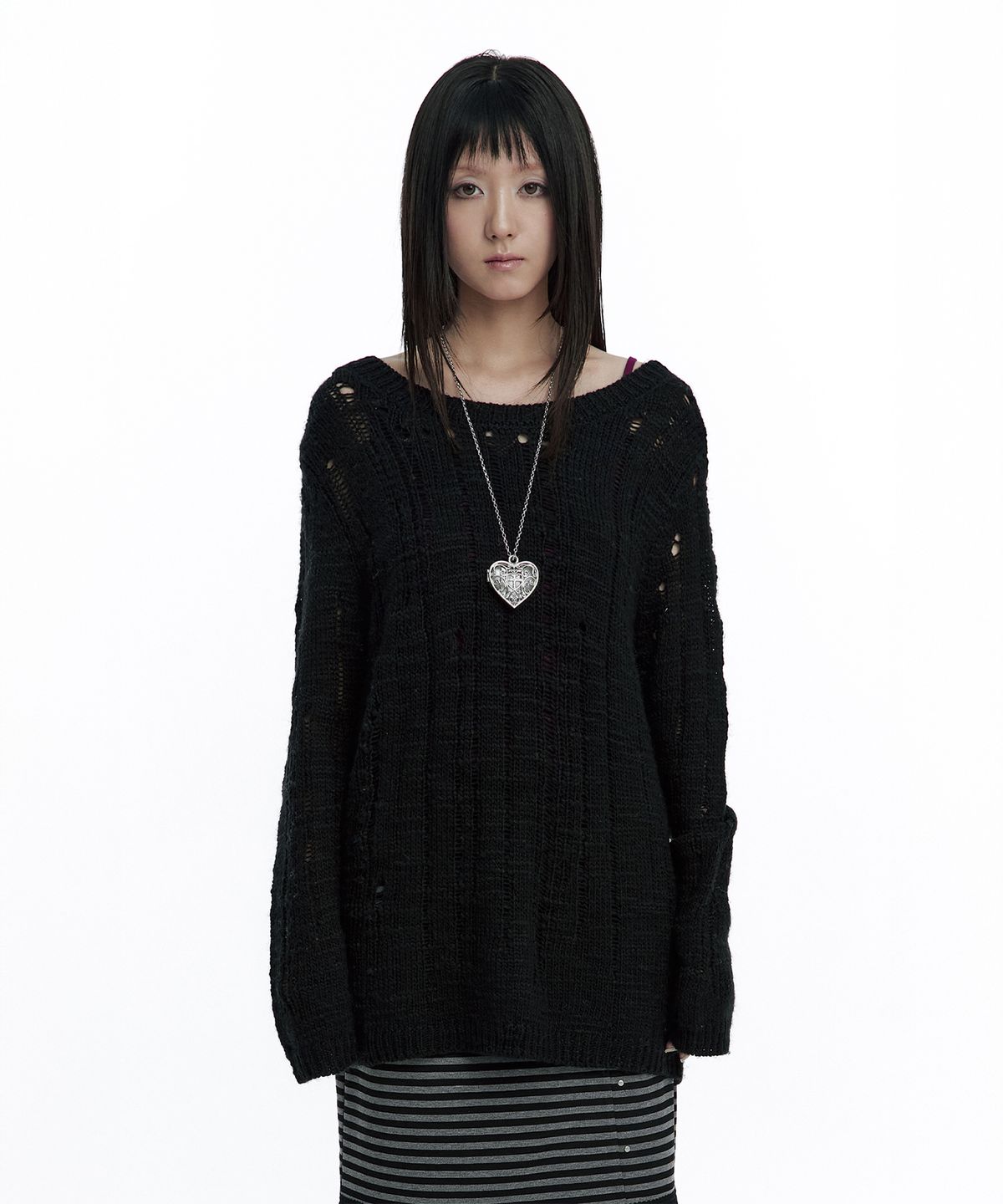 러프넥(ROUGHNECK) Damaged Graphic Knit Black