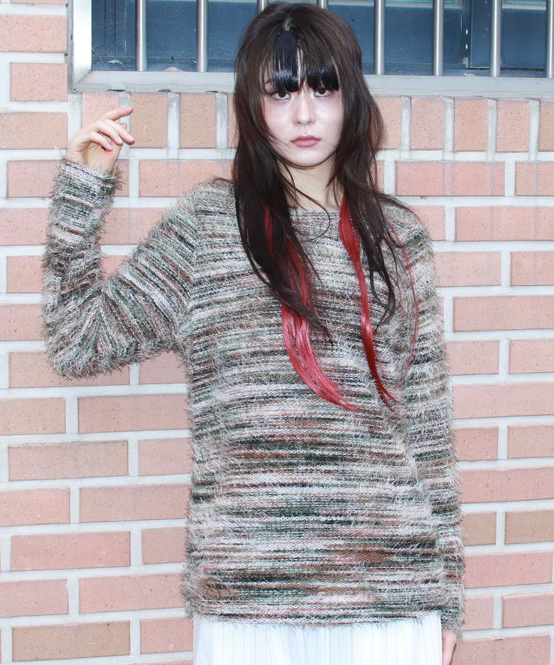 Rainbow stripe boxy long sleeve knit pullover -  Olive green