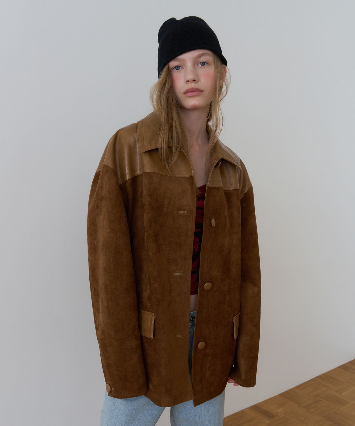 오버듀플레어(OVERDUEFLAIR) SOFT SUEDE RELAXED HALF JACKET_CAMEL