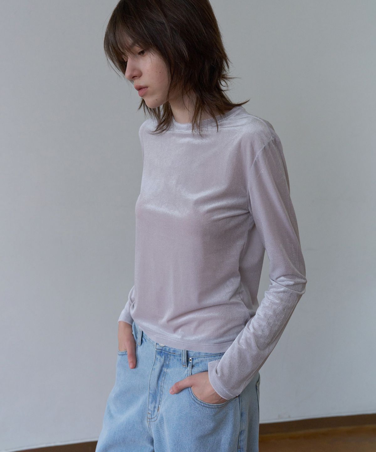 오버듀플레어(OVERDUEFLAIR) SOFT TERRY-VELVET T-SHIRT_MID GREY