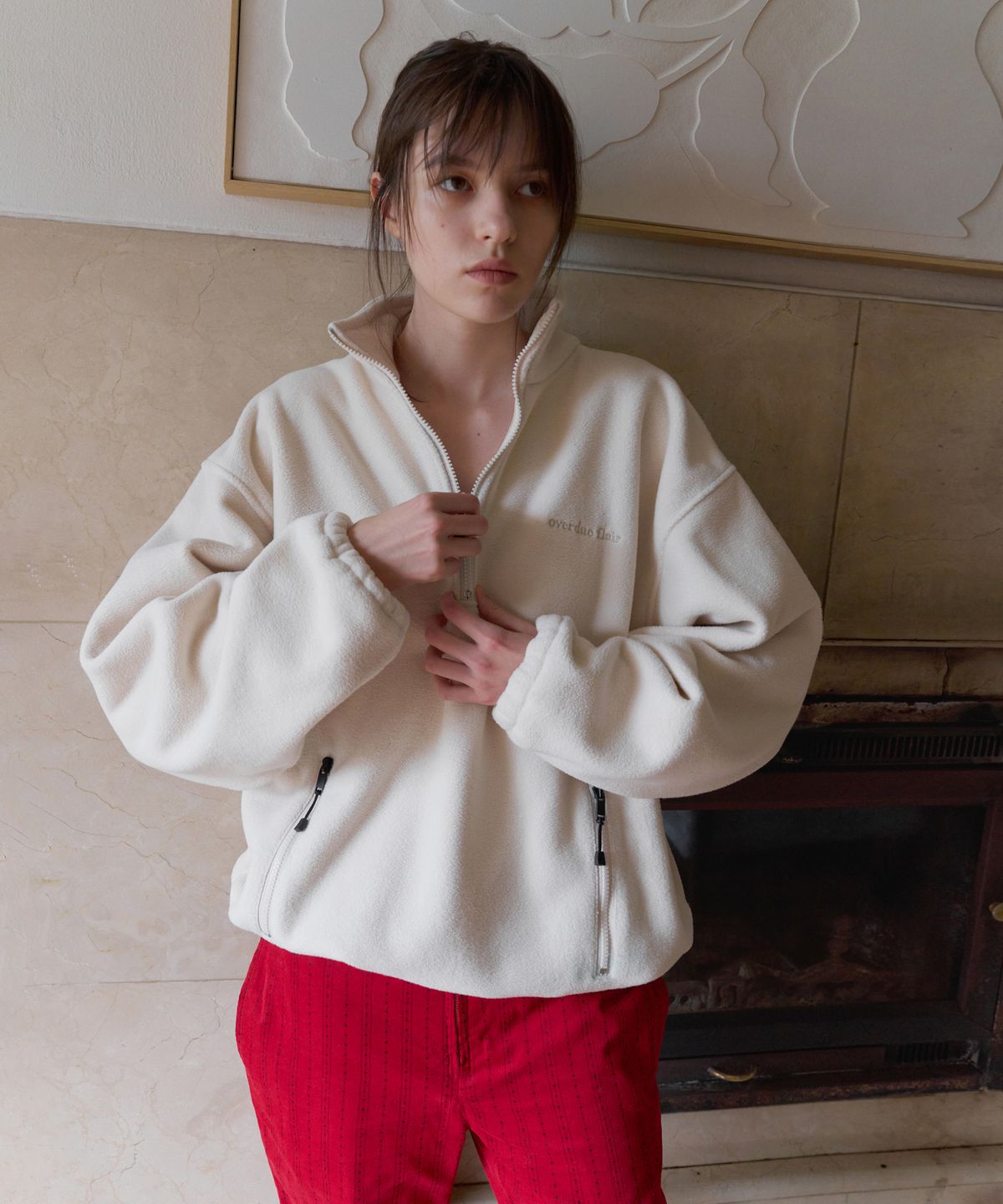 오버듀플레어(OVERDUEFLAIR) HALF-ZIP FLEECE TOP_CREAM