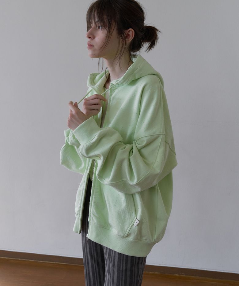 DAMAGED WASHED ZIP-UP HOODIE_APPLE GREEN