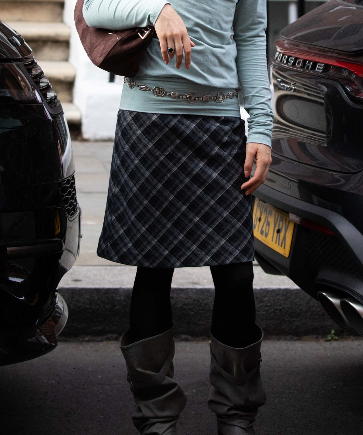 디망쉬(dimanche) Check Midi Skirt (black/grey)