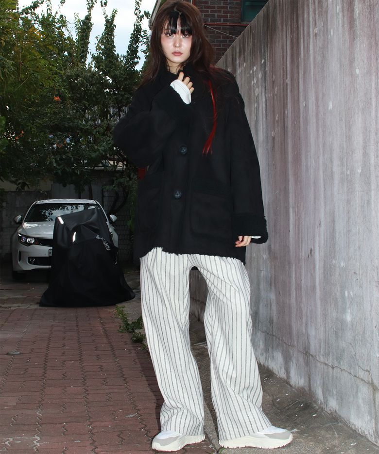 Vintage stripe straight-fit semi-wide pants - White