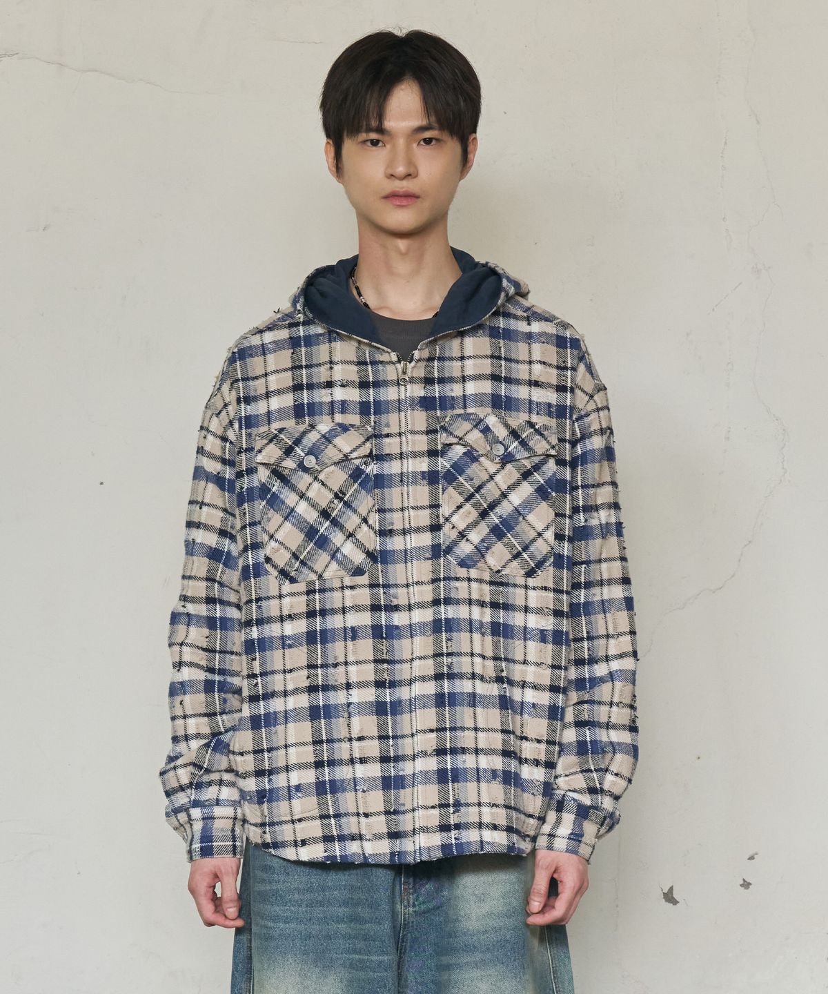 논타입(NONTYPE) 2PK CHECK HOODED JACKET (BLUE)
