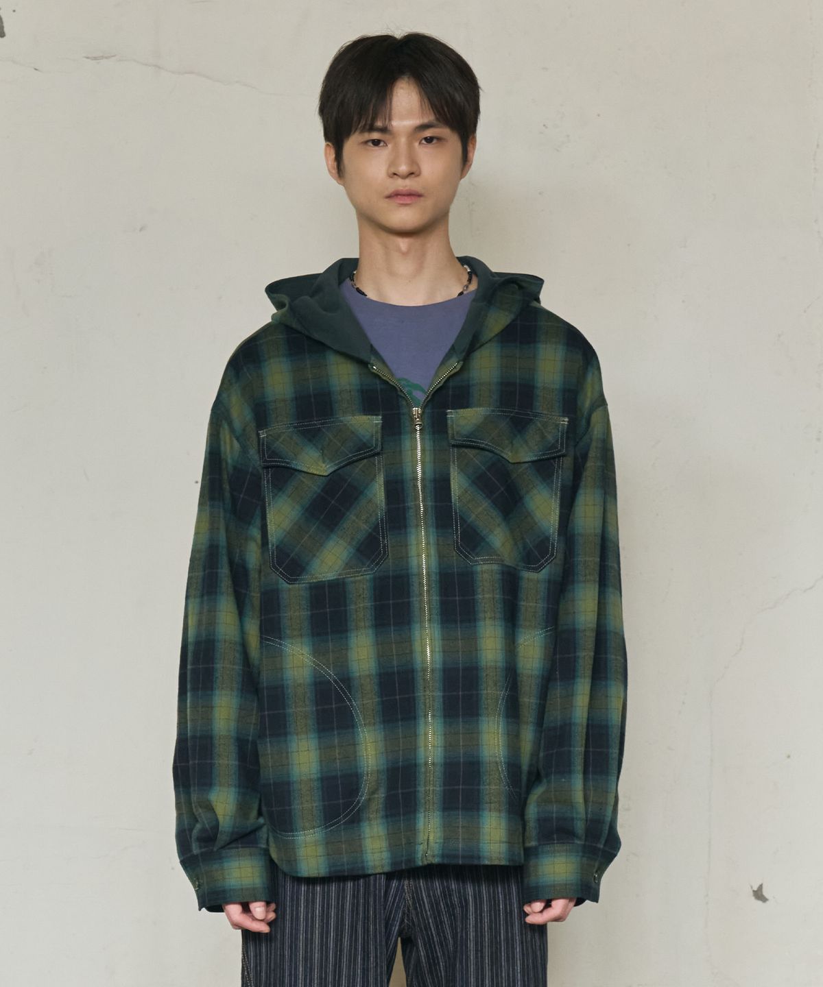 논타입(NONTYPE) 2PK CHECK HOODED JACKET (GREEN)