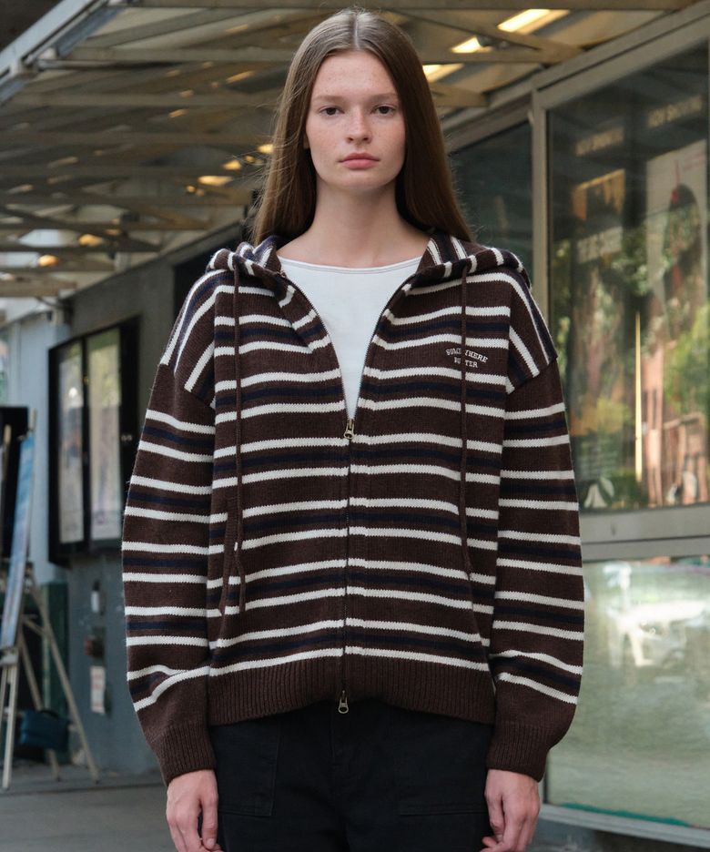 Coby Stripe Knit Zip-Up Hoodie - Brown