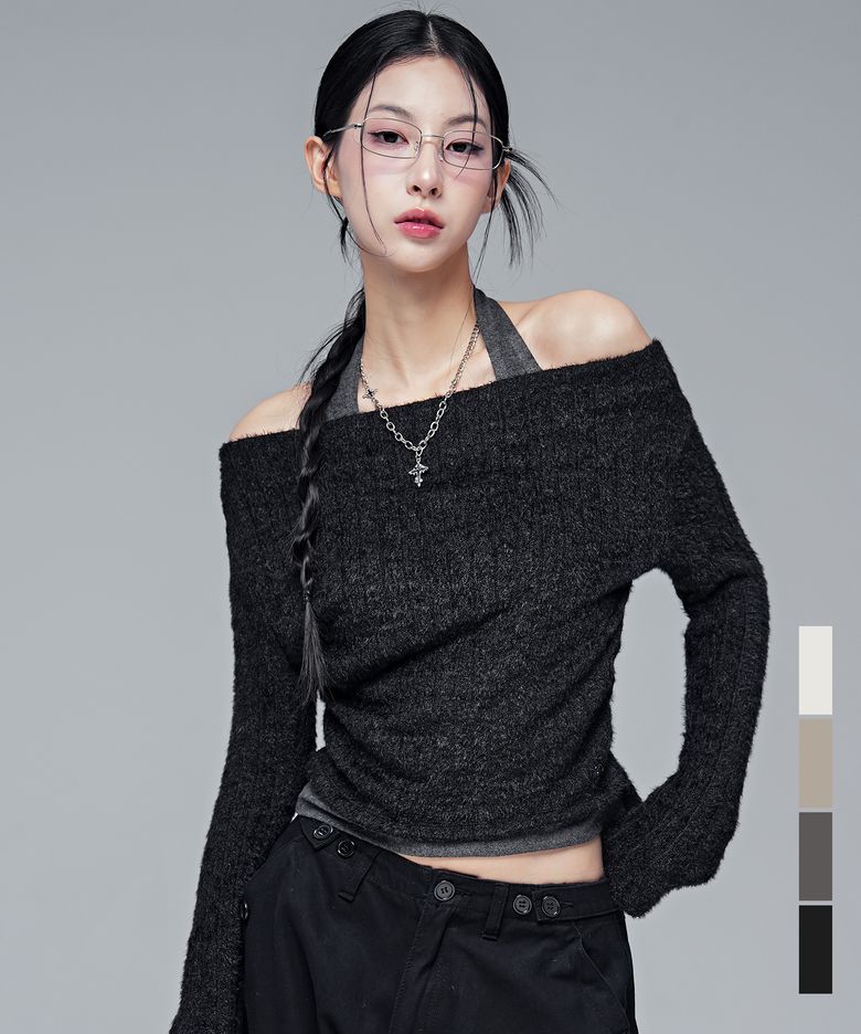 이엘 드레이프 니트 홀터 레이어드 티_4COL
