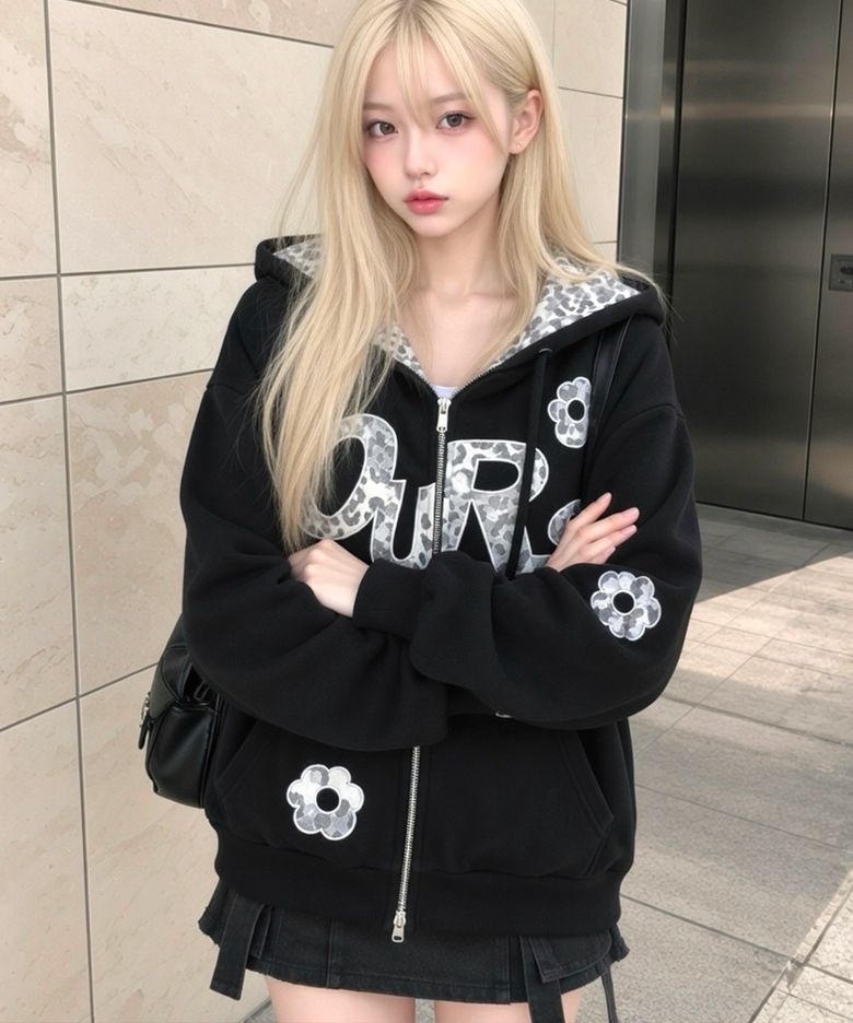 OURS 호피 아플리케 후드집업 블랙