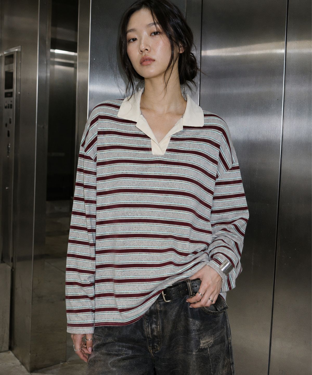 모아(MOAA) Harbor Stripe Collar Tee (Melange Gray)
