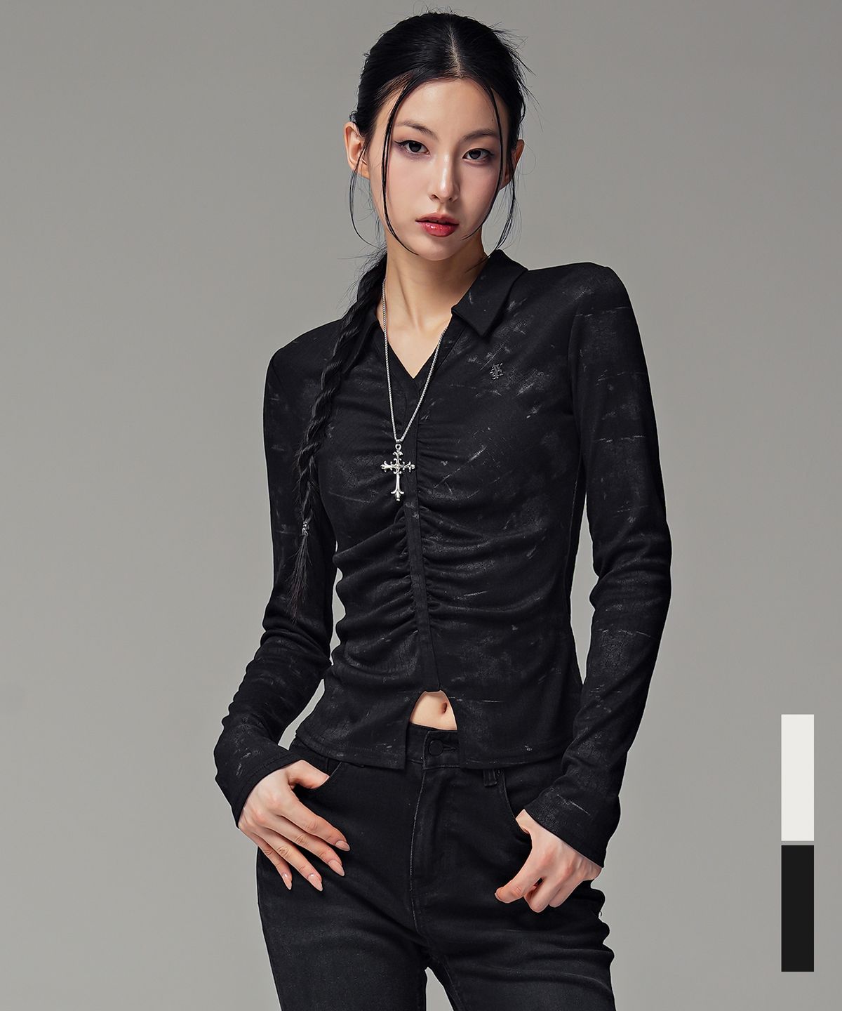 어반드레스(AVANDRESS) 마일라 포그 셔링 카라 롱 슬리브_2COL