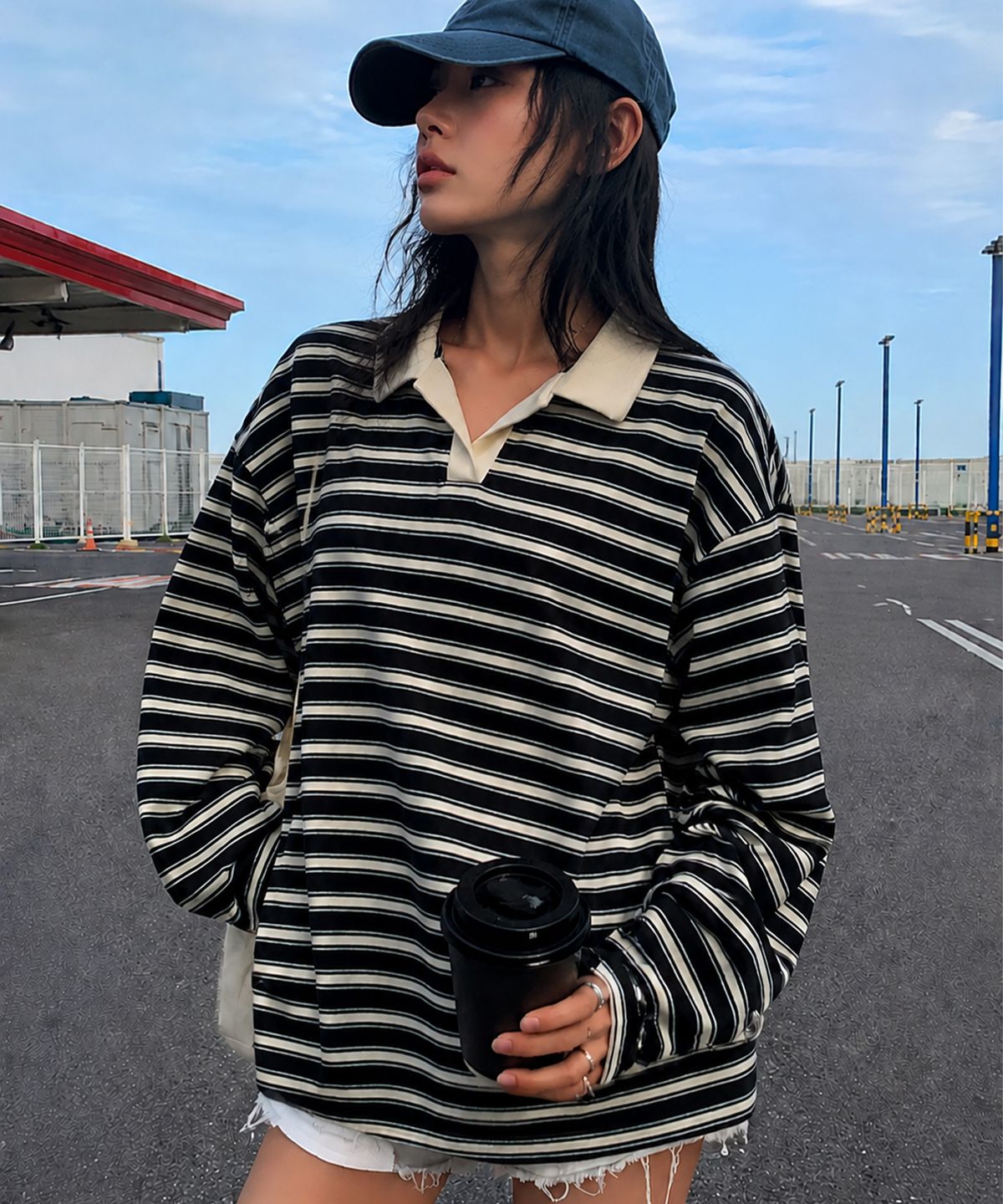 모아(MOAA) Harbor Stripe Collar Tee (BLACK)
