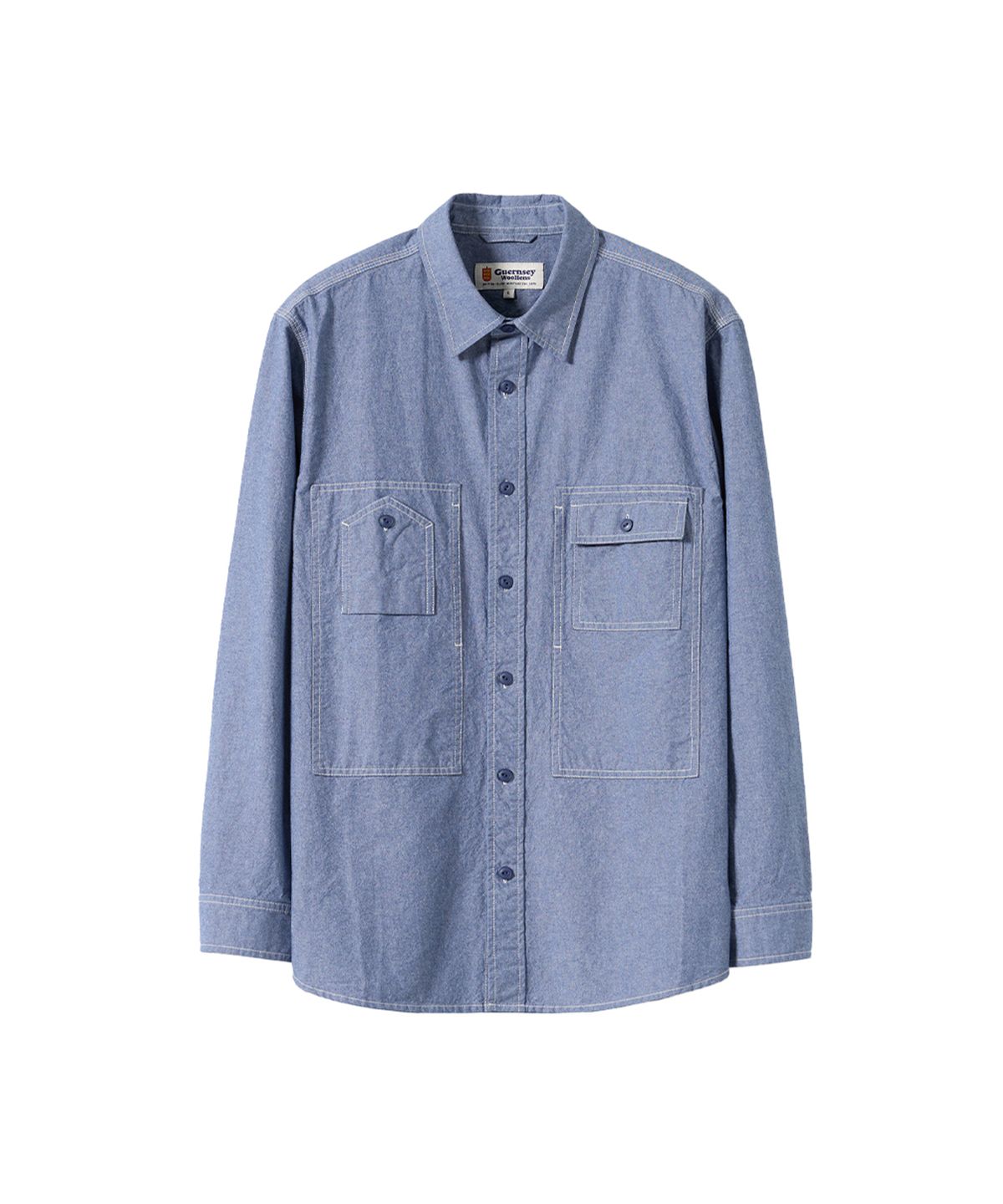 건지 울른스(Guernsey Woollens) 샴브레이 워크 셔츠 5.5oz - 퓨어 블루