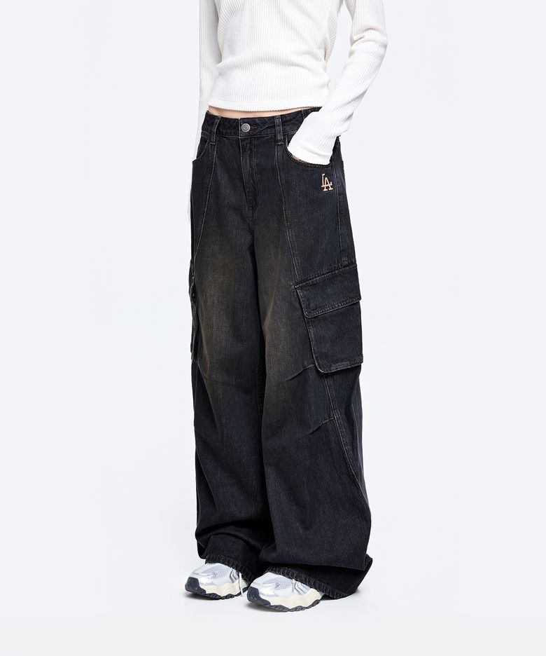 여성 바시티 빈티지 카고 메가 와이드 데님팬츠 LA (Black)