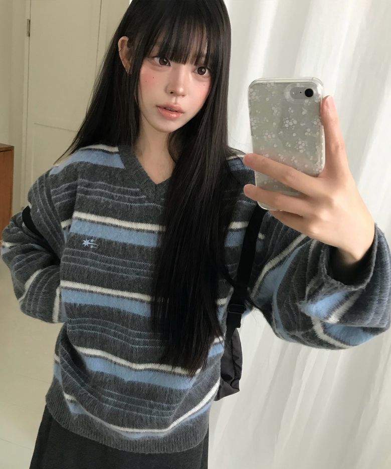 V NECK STRIPE KNIT_CHARCOAL(NG2GFUK602A)