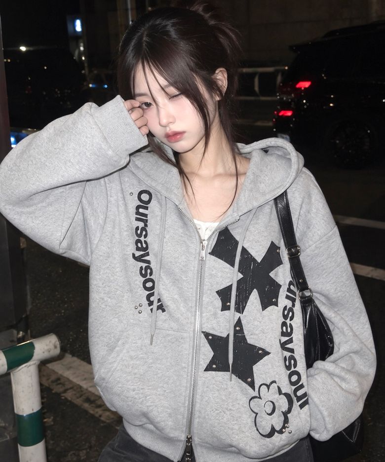 크로스 플라워 아플리케 후드집업 메란지