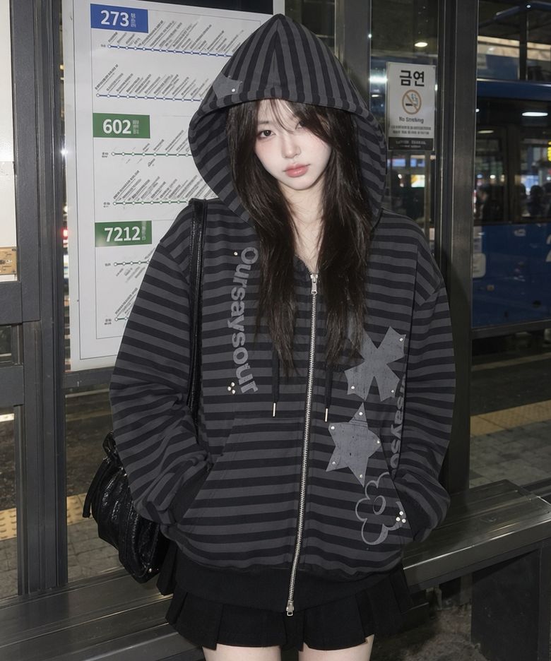 크로스 플라워 아플리케 후드집업블랙/챠콜스트라이프