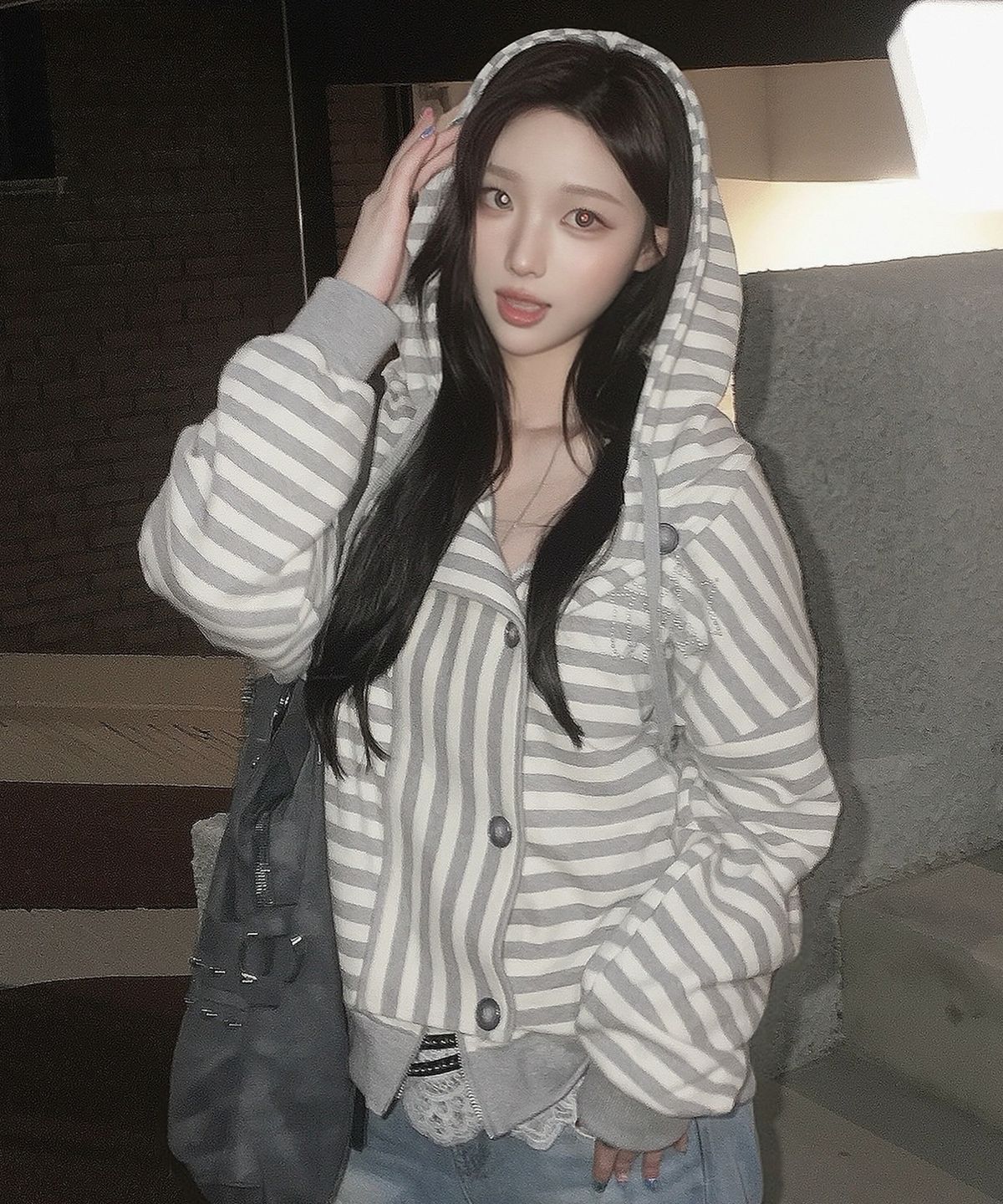 아워세이아워(OURSAYSOUR) OUR 스타 버튼 스트라이프 후드집업 메란지/아이보리 스트라이프