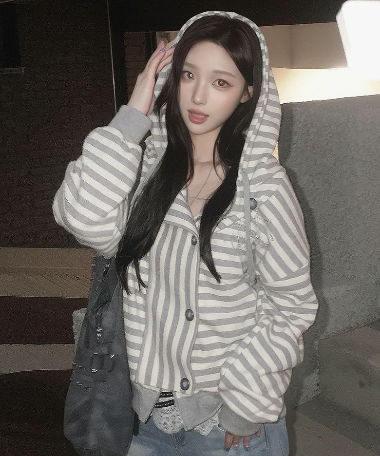 OUR 스타 버튼 스트라이프 후드집업 메란지/아이보리 스트라이프