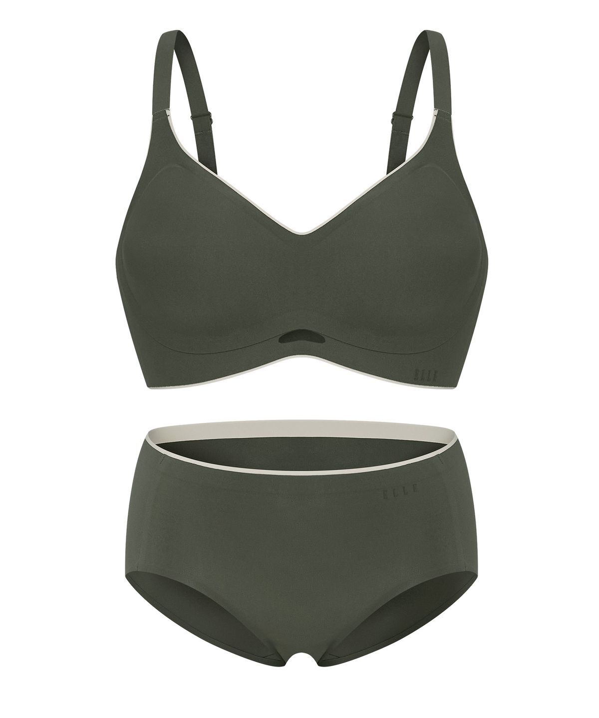 엘르이너웨어(ELLE INNERWEAR) 에어홀 톤온톤 퓨징 브라 팬티 세트 - 카키
