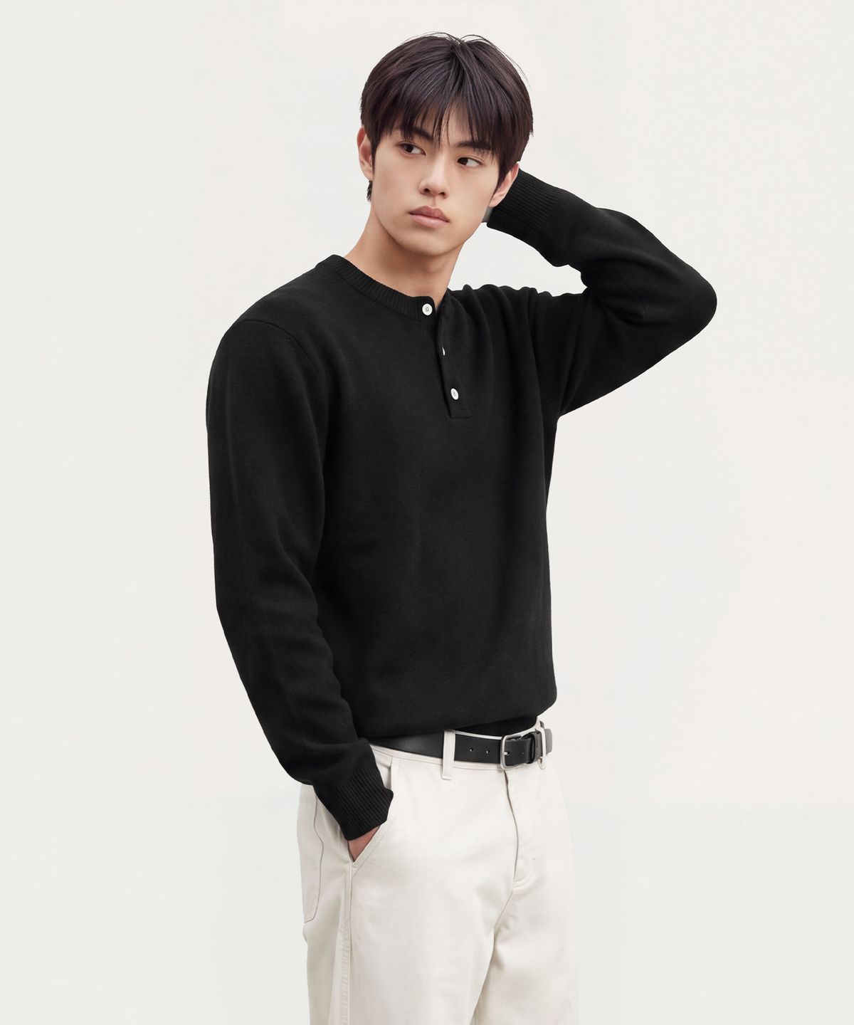 스탠드오버(STAND OVER) 데일리 헨리넥 니트 [블랙]