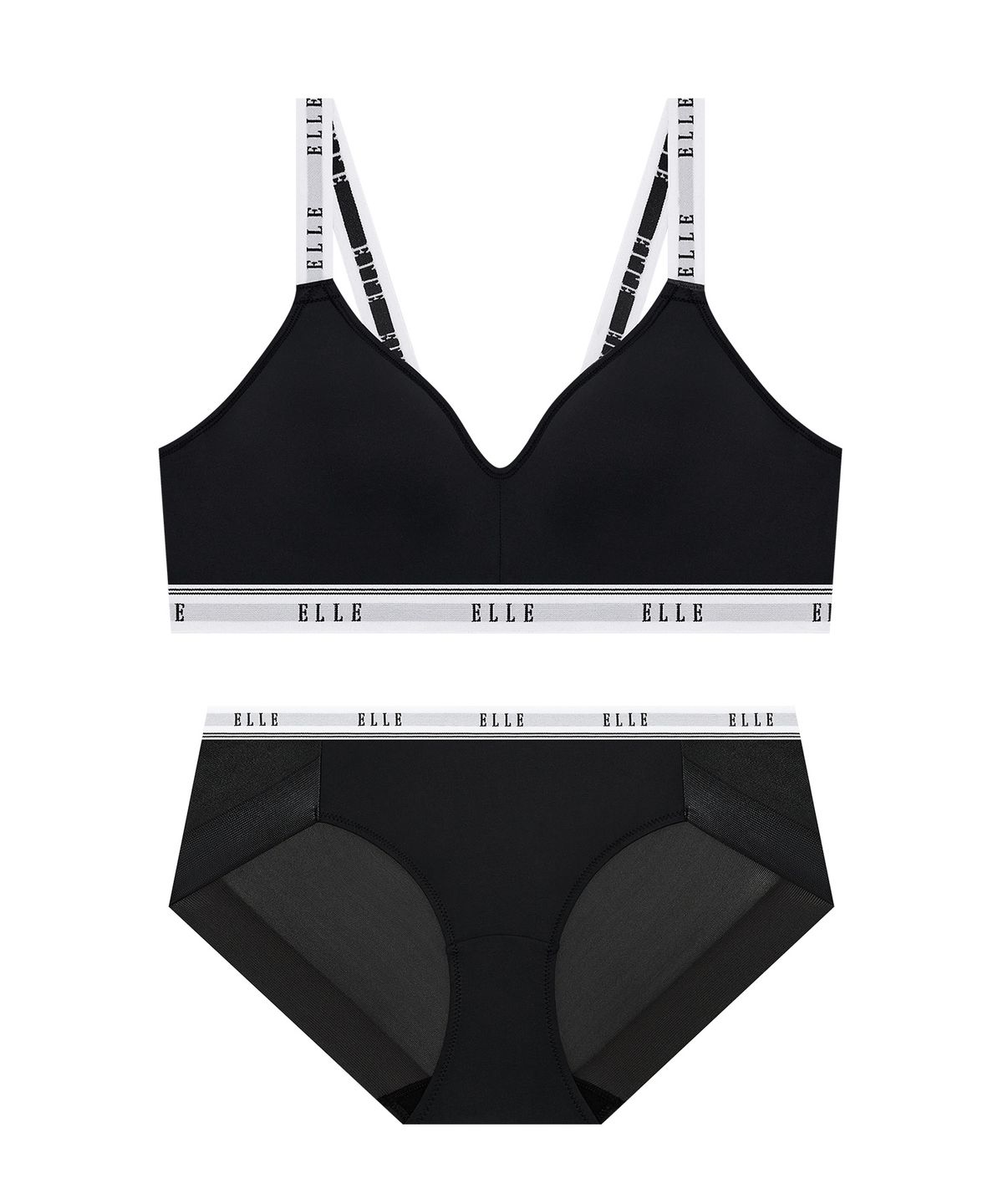 엘르이너웨어(ELLE INNERWEAR) 아웃밴드 노와이어 스포츠 브라 팬티 세트 - 블랙