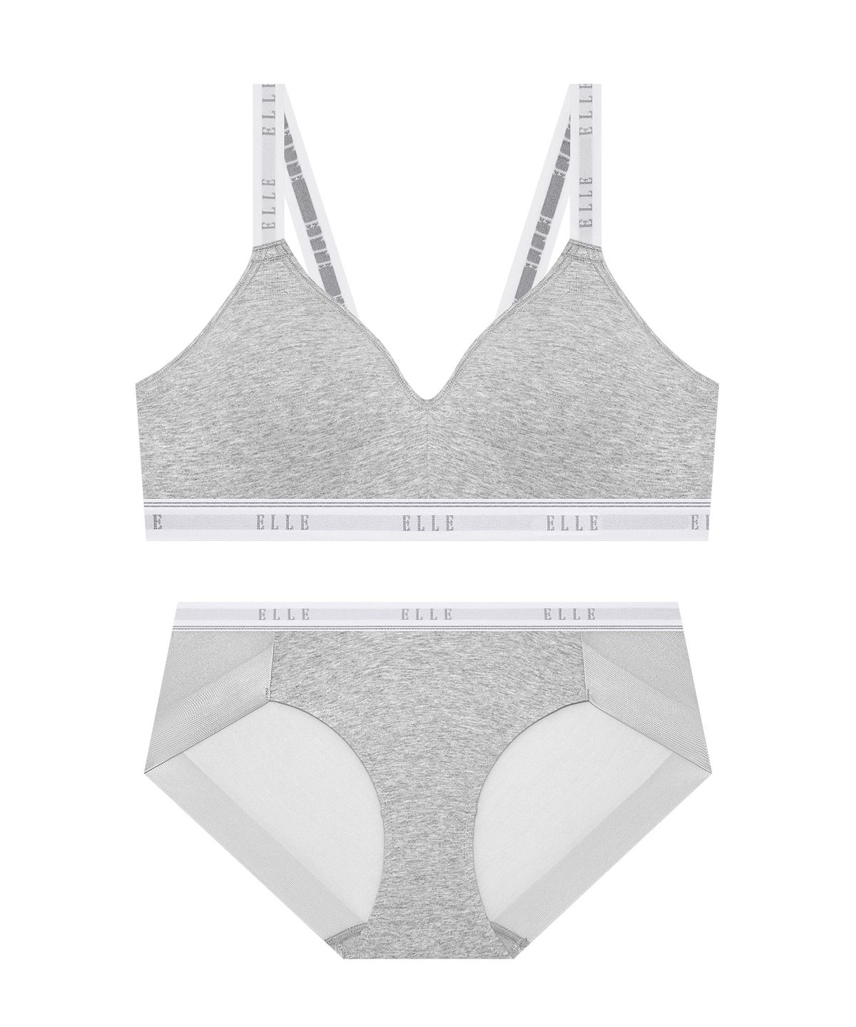 엘르이너웨어(ELLE INNERWEAR) 아웃밴드 노와이어 스포츠 브라 팬티 세트 - 멜란지 그레이