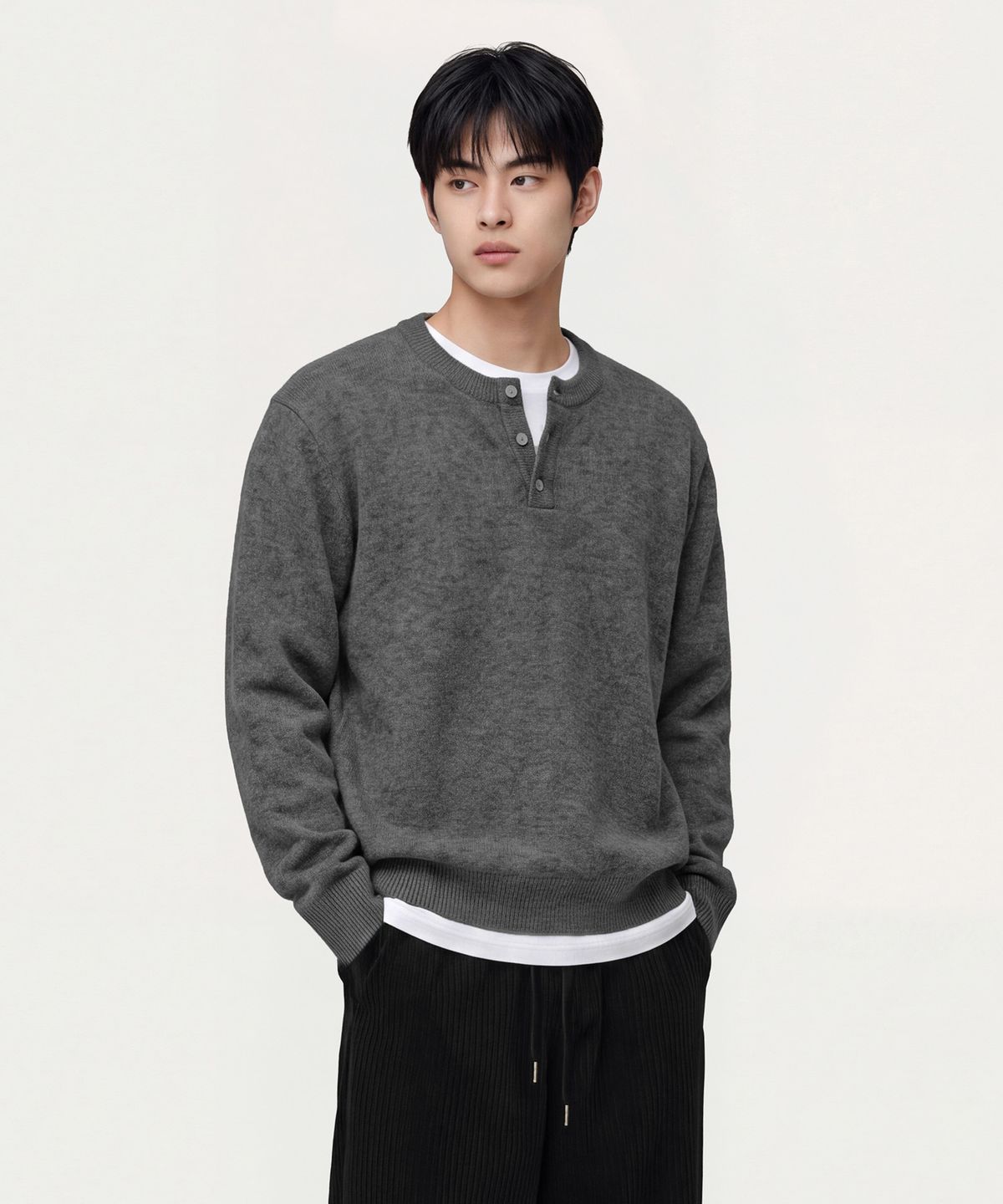 스탠드오버(STAND OVER) 데일리 헨리넥 니트 [그레이]