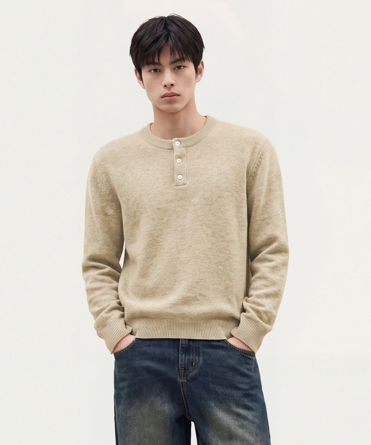 스탠드오버(STAND OVER) 데일리 헨리넥 니트 [오트밀]