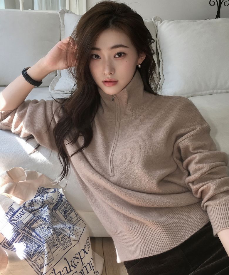 (T-7317)WOOL 100 HALF ZIP-UP LOOSE FIT KNIT