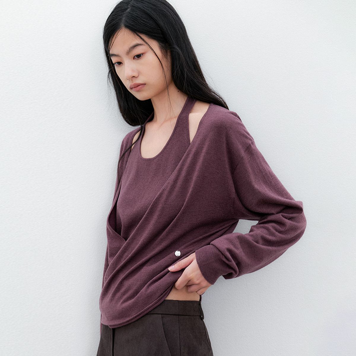아틀리에 나인(ATELIER NAIN) (T-7298)HALTER TOP LAYERED WRAP DRAPE KNIT