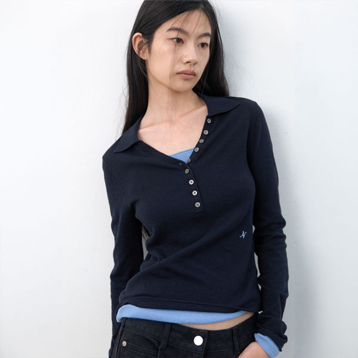 아틀리에 나인(ATELIER NAIN) (T-7295)COLOR-BLOCK COLLAR LAYERED KNIT