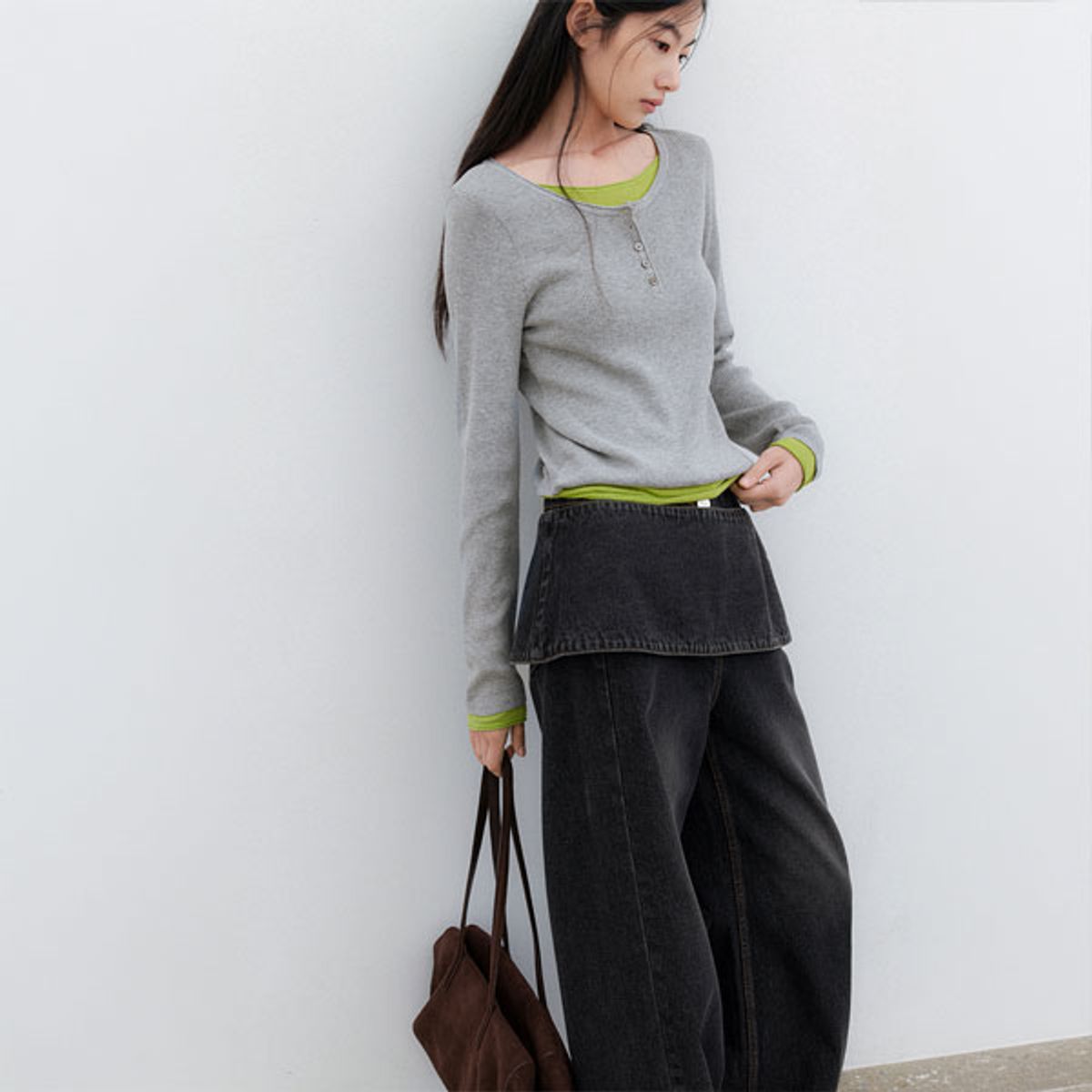 아틀리에 나인(ATELIER NAIN) (T-7293)COLOR-BLOCK HENLEY NECK LAYERED KNIT