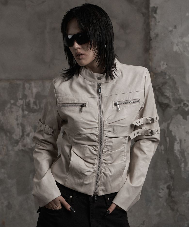 GATHERED BELT LEATHER JACKET WHITE