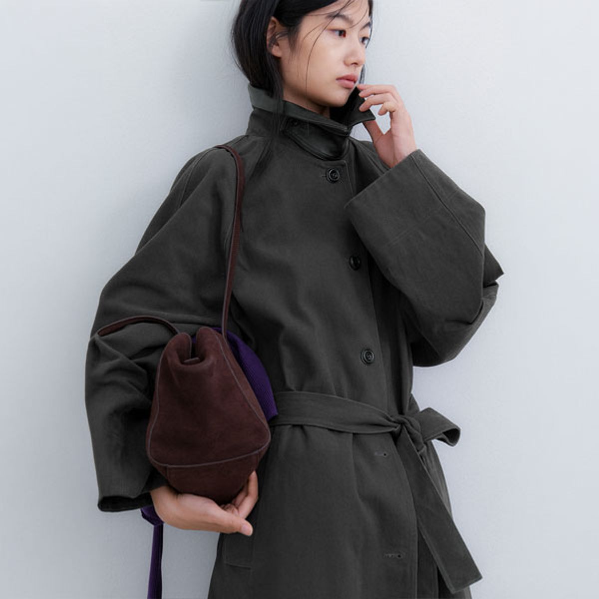 아틀리에 나인(ATELIER NAIN) (CT-1487)LEATHER COLLAR BELTED COAT S