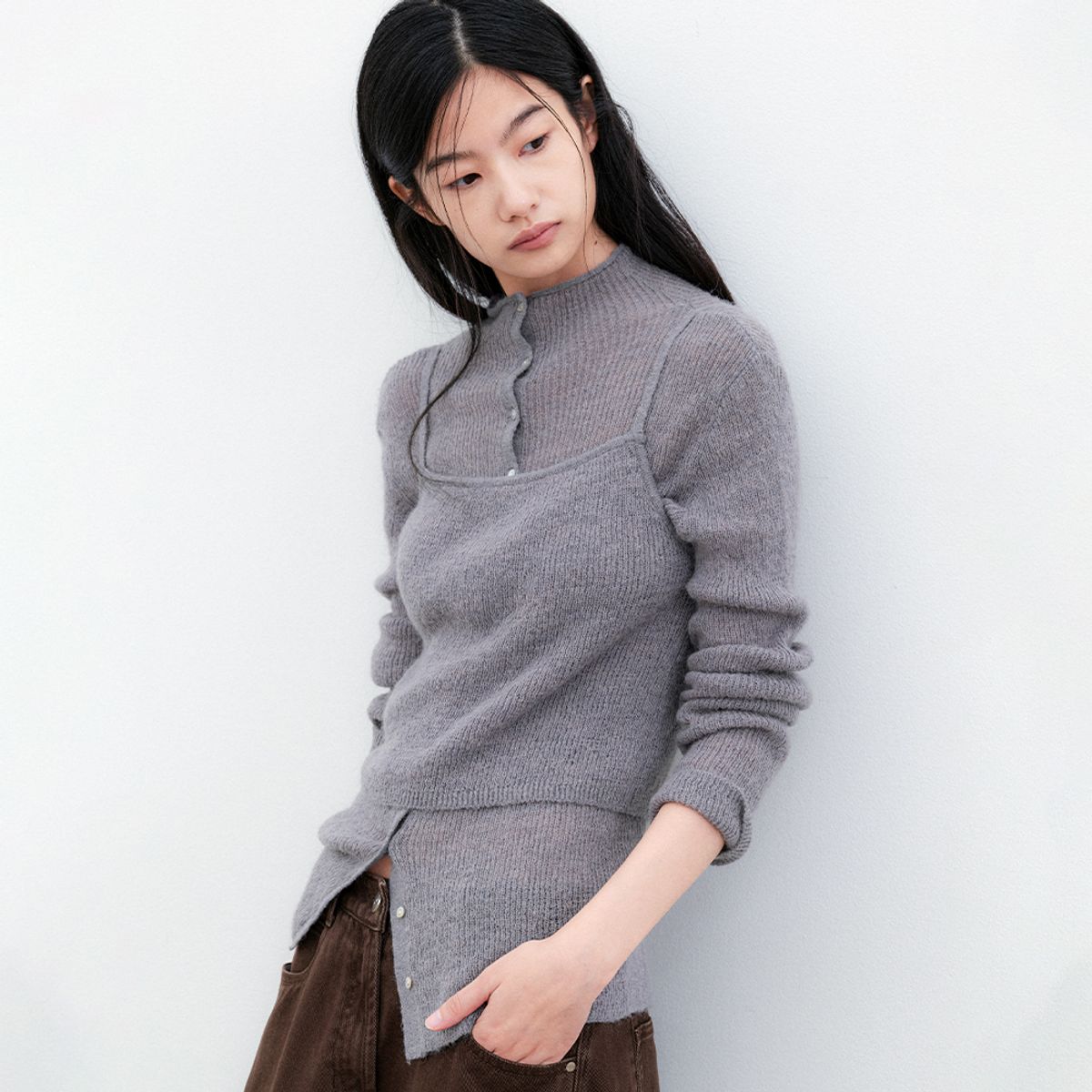 아틀리에 나인(ATELIER NAIN) (CD-2283)LAYERED RIBBED SHEER CARDIGAN &TOP KNIT SET S