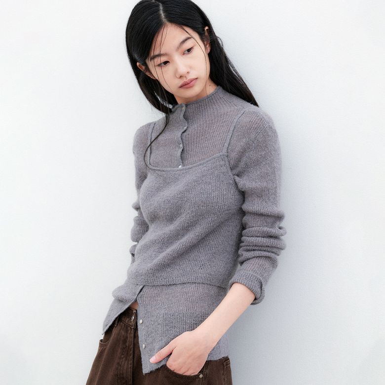 (CD-2283)LAYERED RIBBED SHEER CARDIGAN &TOP KNIT SET S