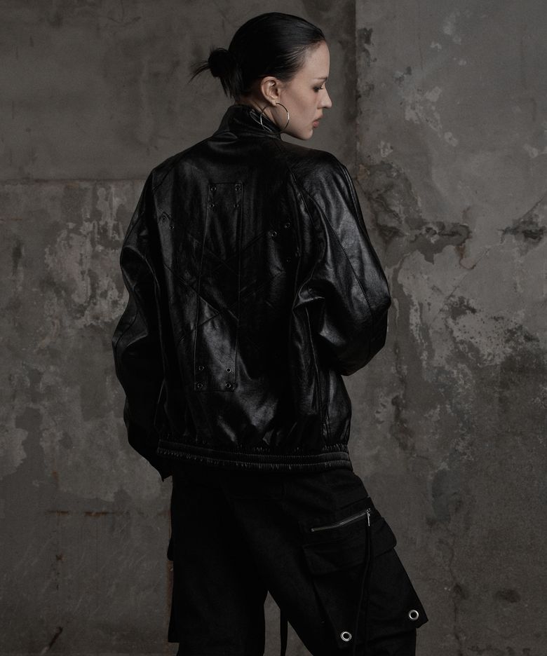 CROSS STUD LEATHER JACKET BLACK