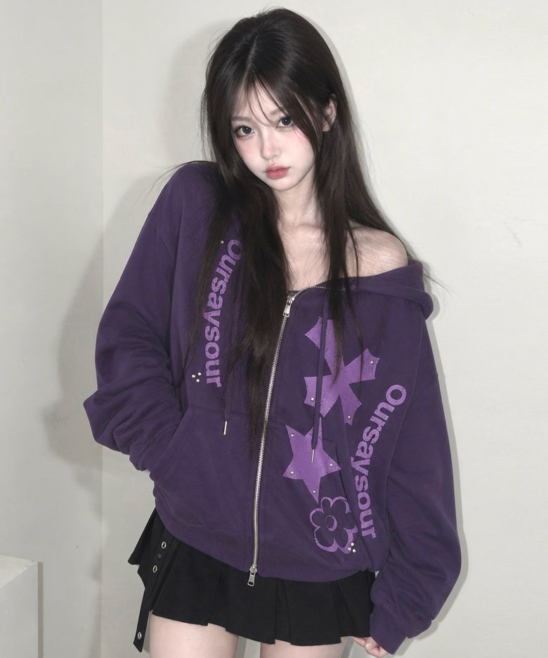 크로스 플라워 아플리케 후드집업 퍼플